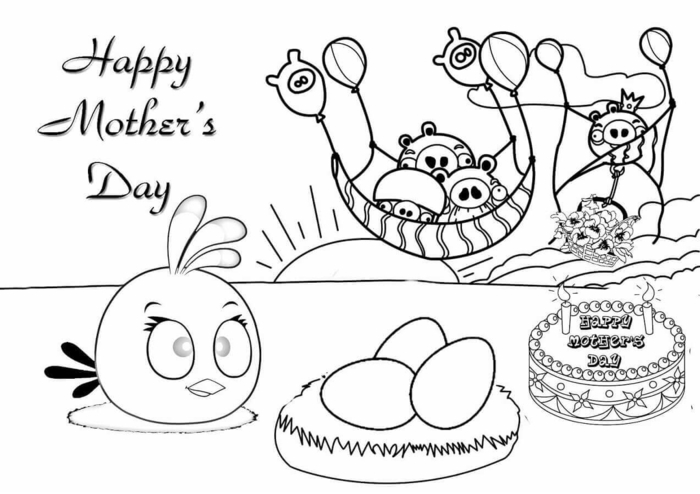 Coloriage dessin fête des mères noir et blanc angry birds a colorier, cadeau fête des mères à fabriquer simple dessin