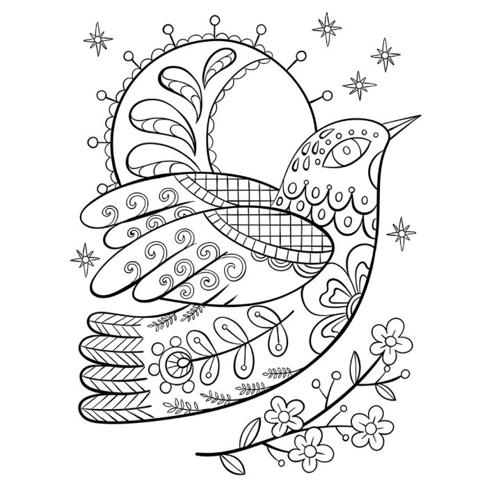 idee dessin mandala à imprimer, ouseau mandala, branche fleurie et le ciel, motifs fleuris de coloriage à imprimer