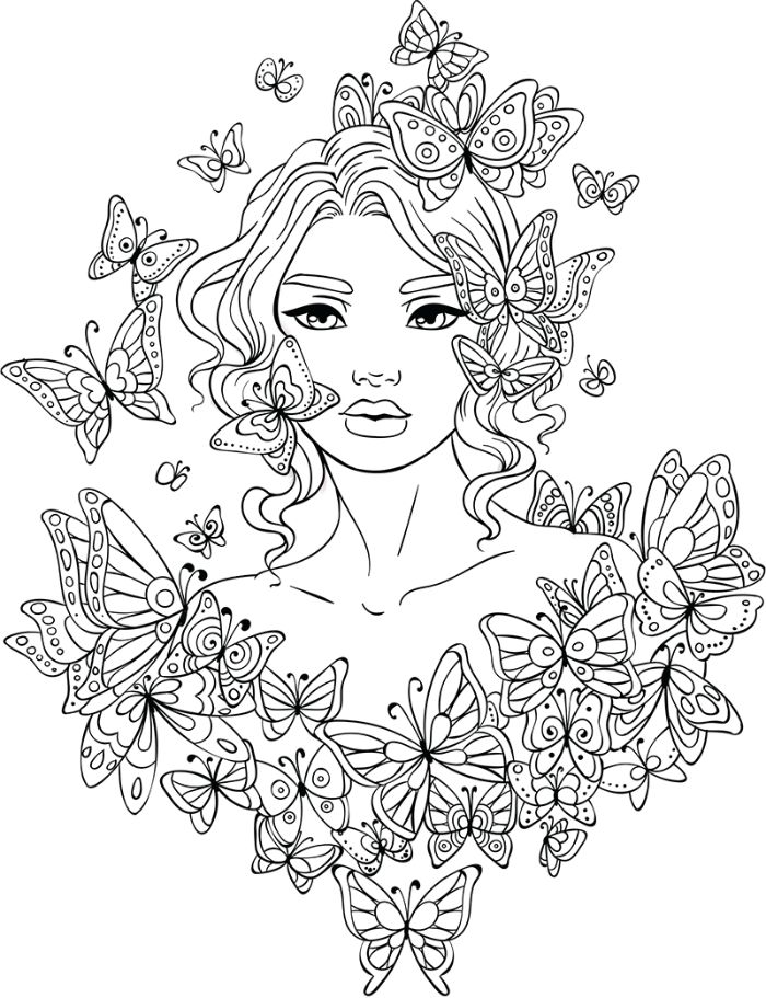 tête de fille entourée de papillons de tailles variées, idee de dessin a colorier en noir et blanc simple