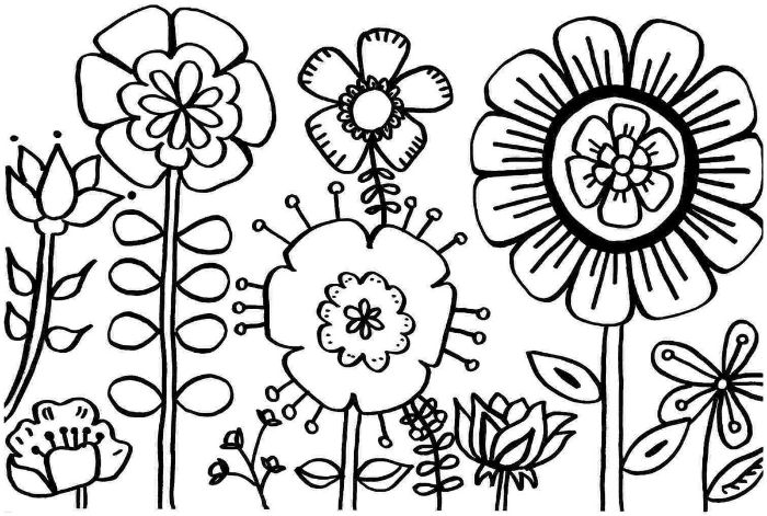 dessin noir et blanc à colorier simple de fleurs de tailles et à motifs variés sur fond blanc