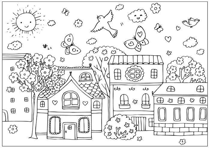 coloriage paysage urbain en printemps, dessin de printemps paysage à colorier pour enfant simple