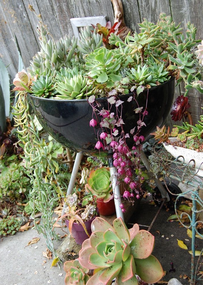 idee deco jardin facile avec barbecue recup décoré de succulents, décoration jardin extérieur créative