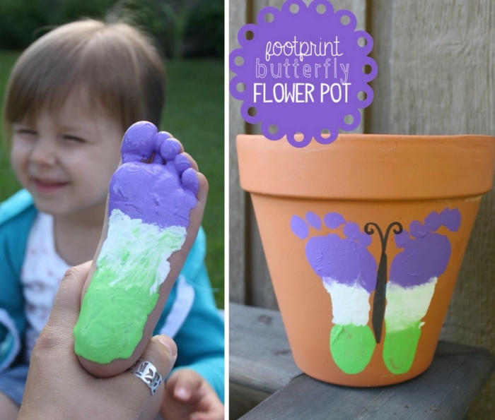 idée comment personnaliser un vieux pot de fleur avec peinture, exemple de pot de fleur avec empreinte de pied en forme de papillon