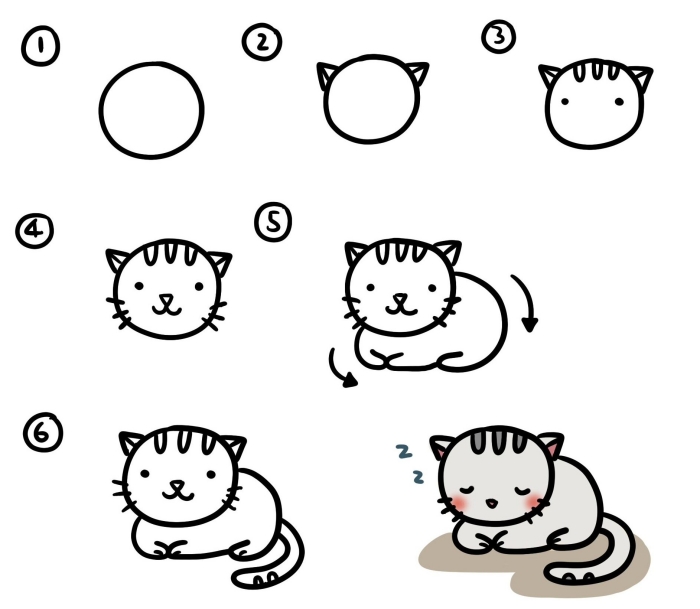 apprendre aux enfants de faire un dessin de chat facile à l'aide d'un tutoriel simple en formes géométriques ovales et triangulaires
