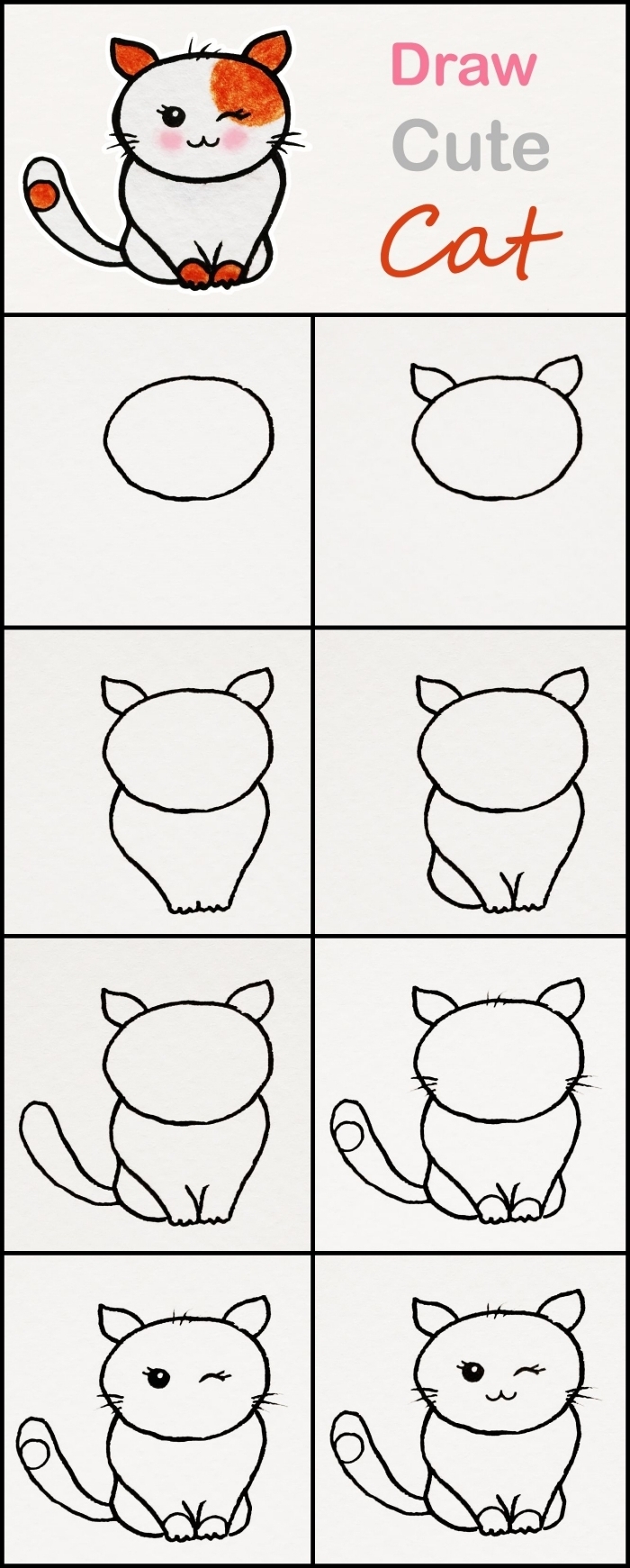 pas à pas pour réaliser un dessin de chat mignon facile avec les enfants, tuto dessin au crayon avec formes géométriques