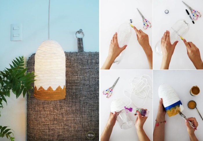 idées loisirs créatifs pour adulte, projet créatif pour réaliser une lampe suspendue en bouteille en plastique et corde