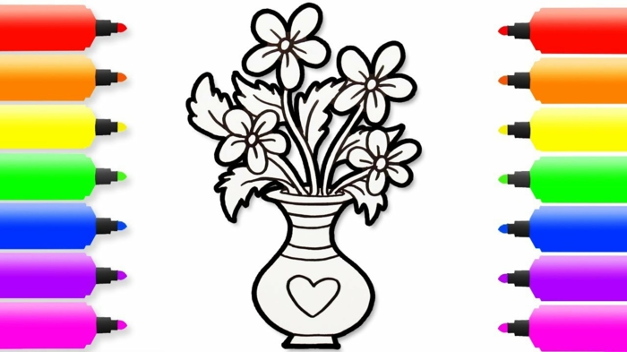 Coloriage simple vase fleurie dessin pour maman, comment dessiner maman cadeau pour la fete