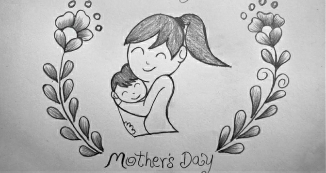 Mere enfant dessin fete des mere, idée quel dessin pour maman image encadré de fleurs crayon noir et papier blanc 