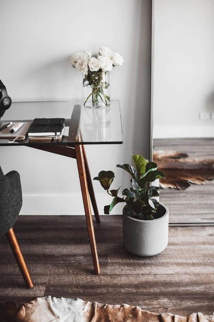 quelles plantes d'appartement choisir pour décorer son bureau dans le salon, déco home office moderne avec plantes