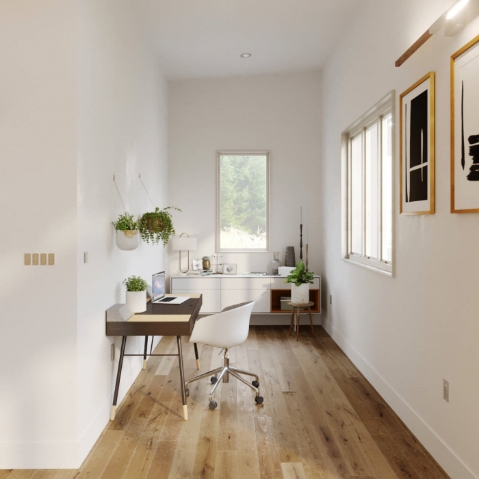 idée comment aménager un home office moderne en blanc et bois, décoration bureau à domicile avec plante suspendue