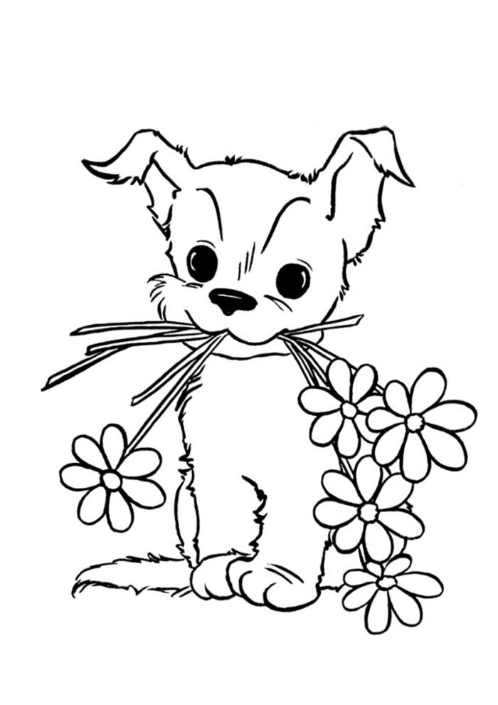 dessin coloriage chien mignon petit chiot avec bouquet de fleurs dans sa bouche, image mignonne à imprimer et colorier