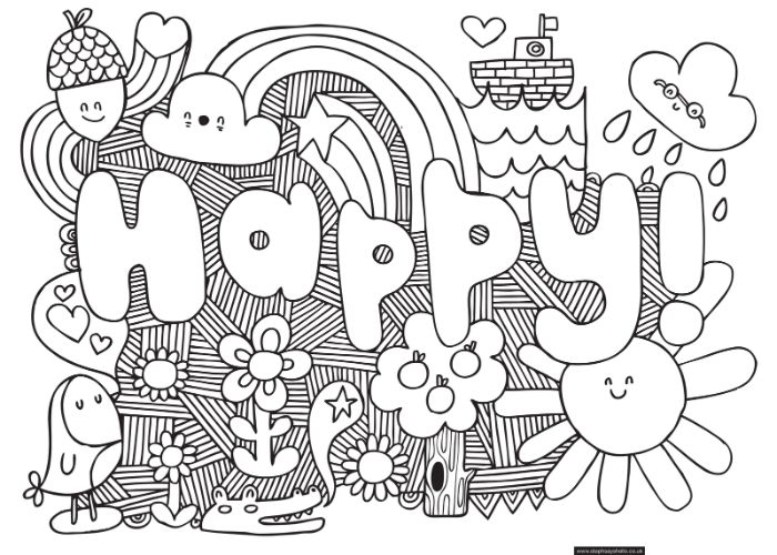 idee le mot heureux en anglais, image doodgle avec des motifs dessins de printemps à colorier