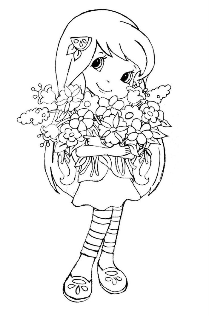 dessin de printemps, dessin fille simple avec brassière de fleurs dans les mains, coloriage à imprimer gratuit