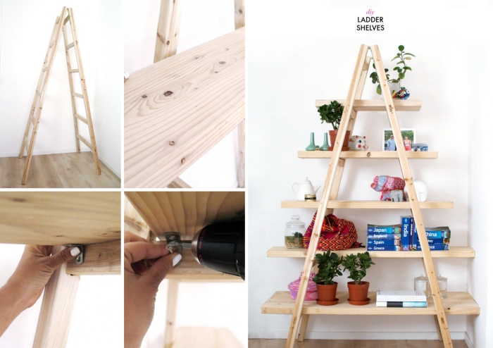 comment fabriquer un rangement chambre original avec une double échelle et planches de bois clair de style minimaliste
