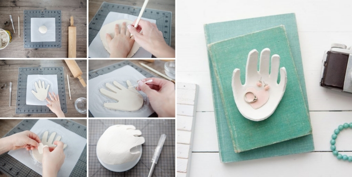 les étapes à suivre pour faire un porte-bijou en forme de main enfant, idée de cadeau fête des mères à fabriquer soi même