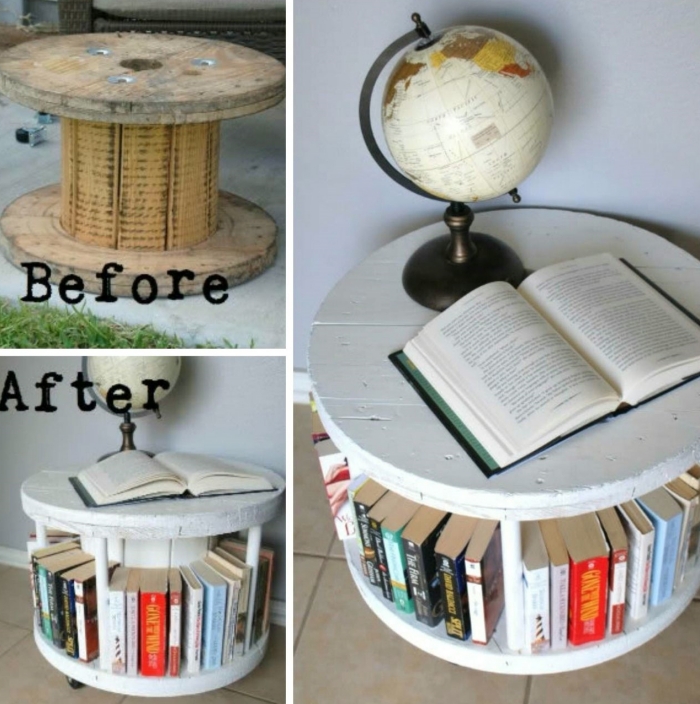 idée bricolage facile pour faire un rangement de livre original, diy meuble en bobine de bois recyclée et peinte en blanche