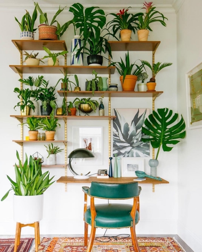 comment créer un mur végétal dans son home office avec étagère suspendue en bois et plantes vertes, idée de plante d'intérieur fleurie