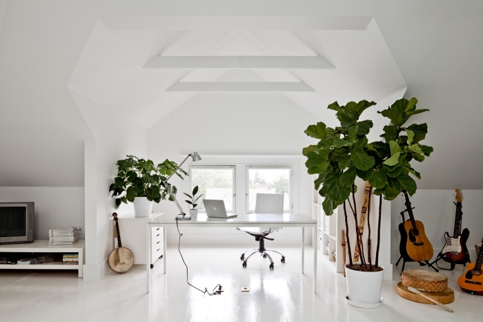 exemple comment décorer un home office minimaliste sous pente avec murs blancs et plante de bureau dépolluante
