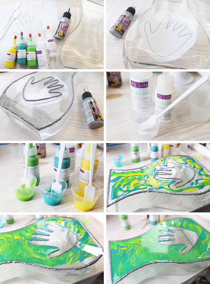 comment customiser un vase transparent avec peinture, activité fête des mères avec résine transparente et résine de couleurs jaune et vert