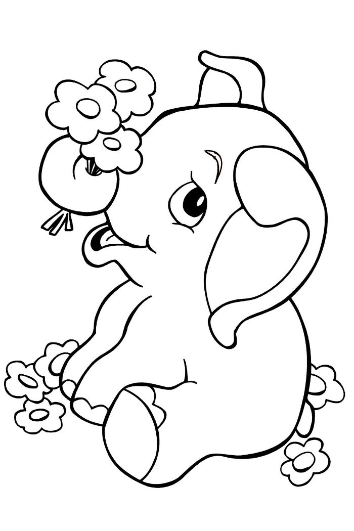 colorige elephant avec des fleurs dans la trompe, idee dessin mignon pour enfant à imprimer