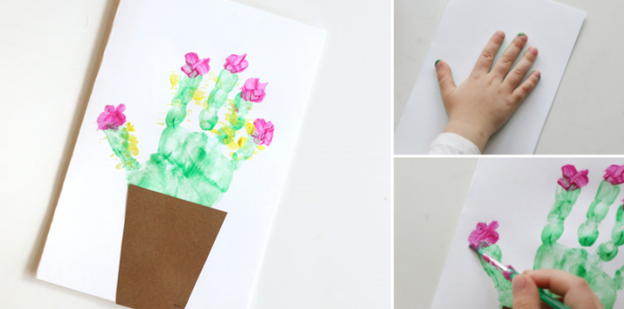 modèle de carte DIY en papier blanc avec peinture de cactus, idée de cadeau fête des mères maternelle facile à faire