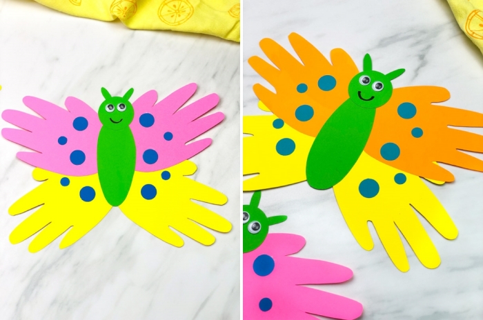 modèle de carte fête des mères maternelle en forme de papillon aux ailes en empreintes de petites mains d'enfant colorés