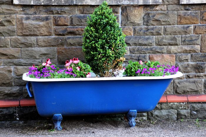 vieille baignoire bleu marine recyclée et fleurie, idee de jardiniere enorme, objets récupérés et transformés