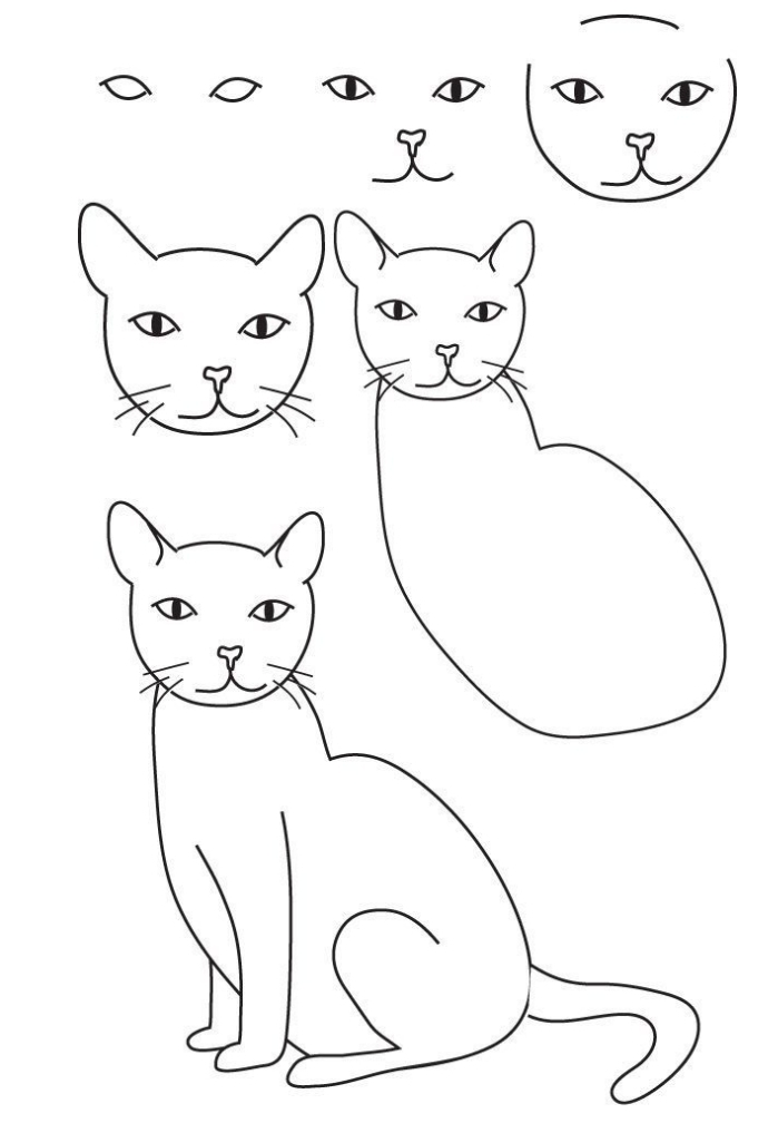 comment dessiner un chat facile en six étapes, pas à pas dessin avec traits et lignes courbes pour faire un chat assis