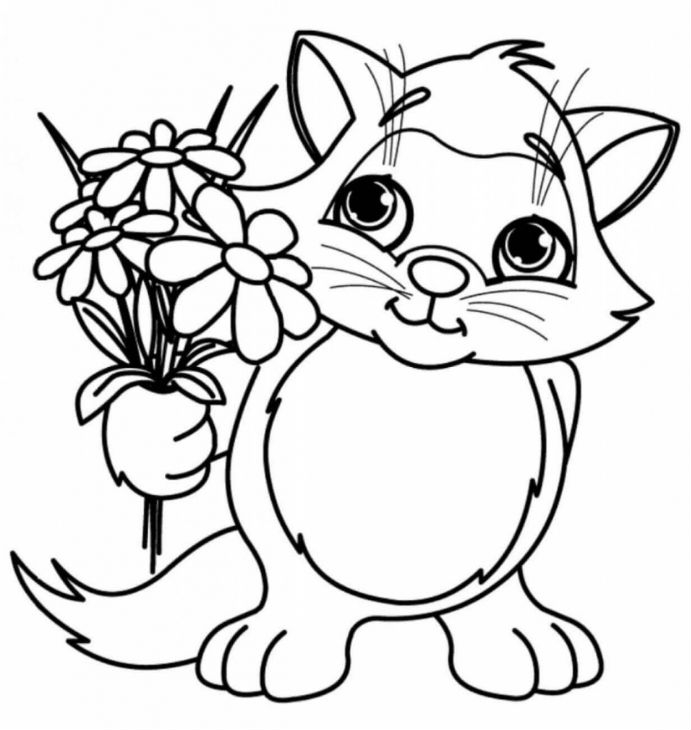 dessin chat mignon, coloriage chat avec bouquet de fleurs dan la patte, dessin noir et blanc original