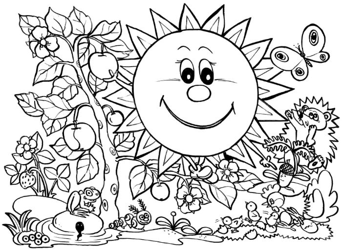 dessin paysage foresier, soleil, plantes et petits animaux, idee dessin de printemps pour enfant à colorier