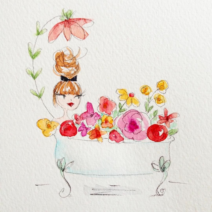 Femme dans baignoire avec fleurs coloriage fete des meres, dessin fete des mere a colorier ou retracer