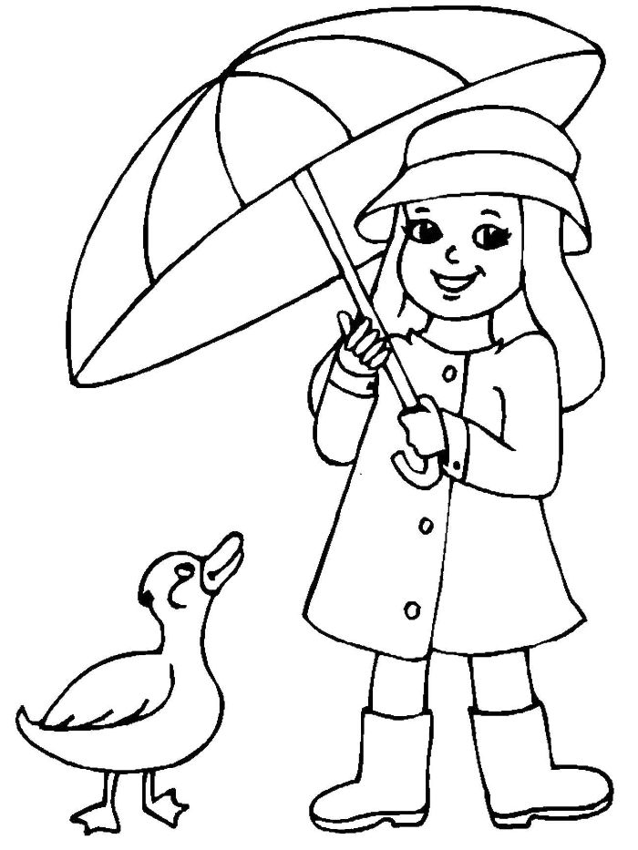 coloriage fille avec parapluie dans ses mains et un canard à coté sur fond blanc, coloriage a imprimer