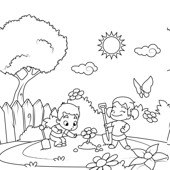 dessin petite fille et garcon au milieu d un jardin en train de planter des fleurs, image pastorale, dessin de nature pour enfant