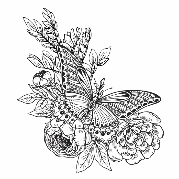 Dessin a se faire tatouer fleurs et papillon, dessin noir et blanc, dessin papillon facile a faire reproduire