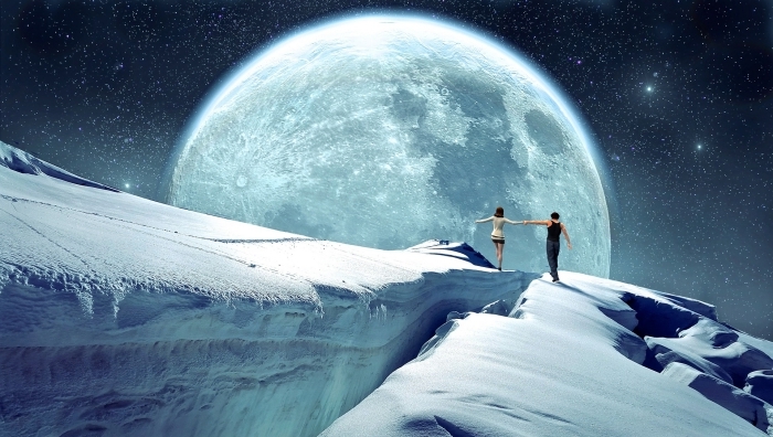 fond d écran pc fantaisie, image de couple amoureux qui se balada dans le cosmos, idée wallpaper pc sur le thème univers