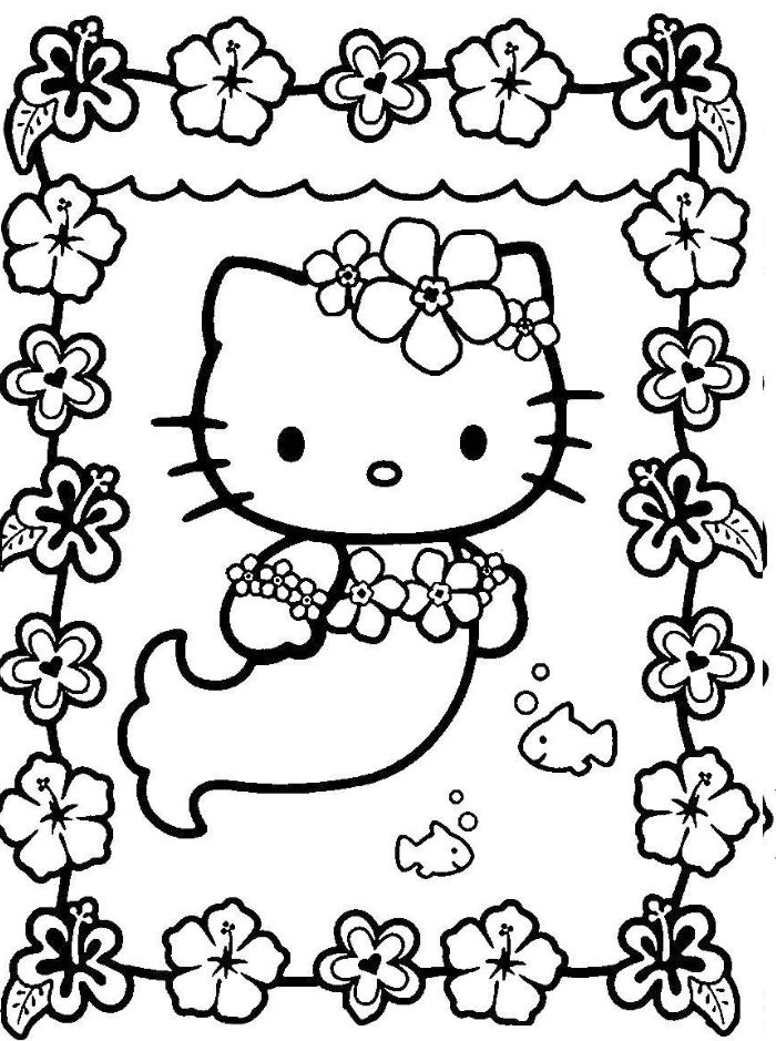 portrait hello kitty, dessin kawaii à imprimer, hello kitty sirene dans candre fleurie de fleurs à colorier