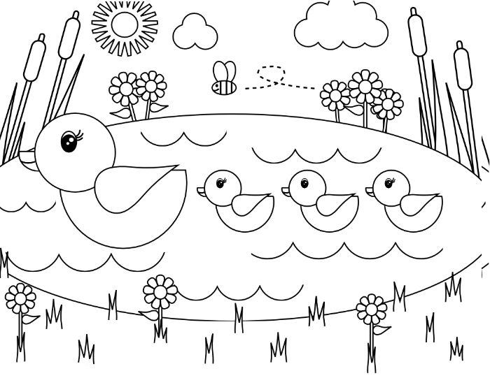 idee canard maman avec de petits canards dans un lac entourée de fleurs et autres animaux, dessin mignon à colorier