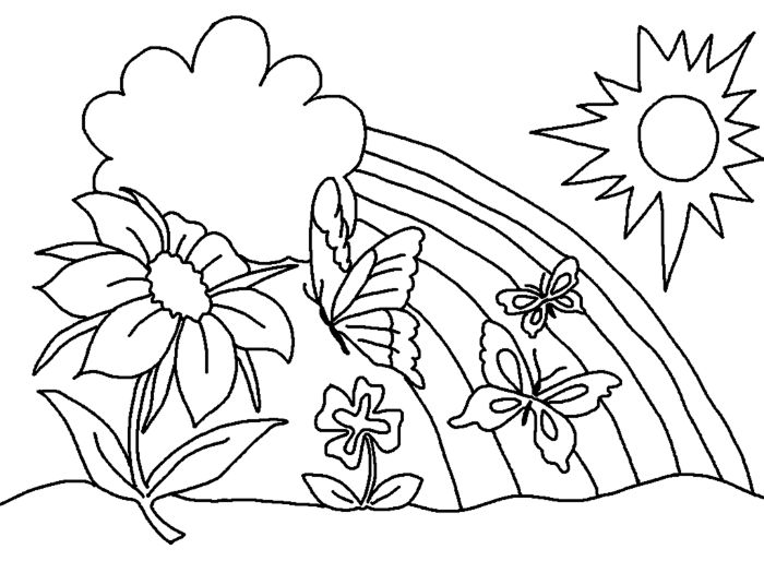 dessim simple arc en ciel, soleil, papillons et fleurs, coloriage enfant facile pour le printemps à imprimer