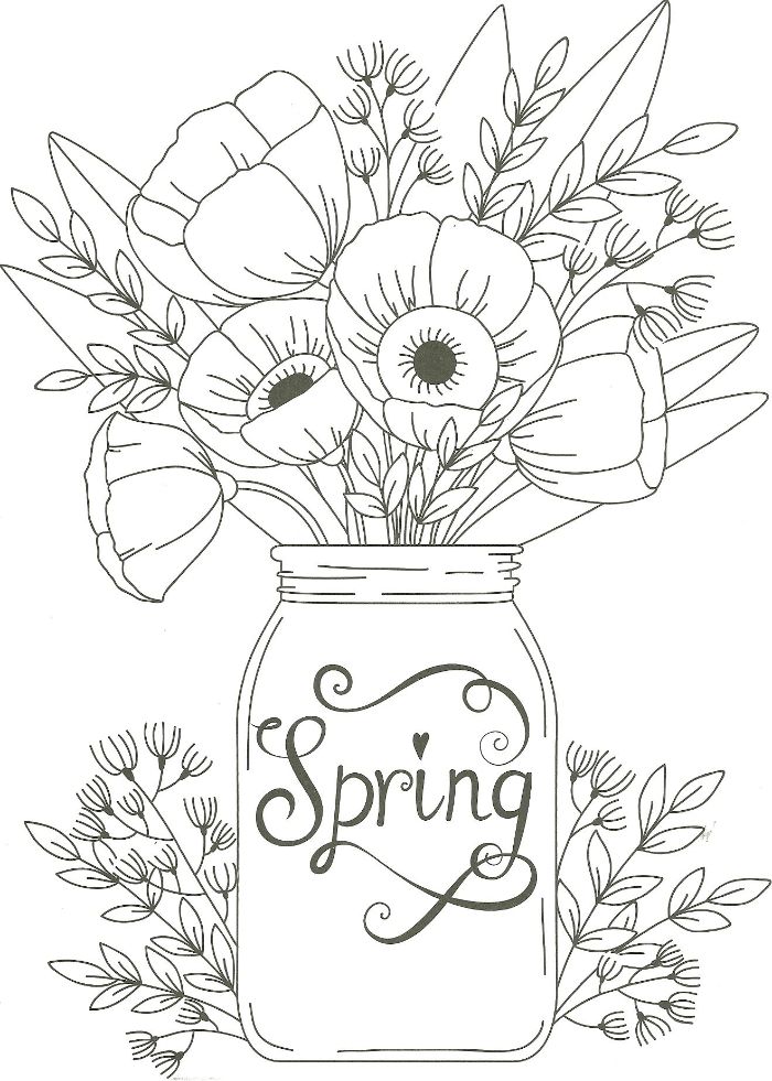pot de fleurs dans un pot en verre avec le mot printemps et un bouquet de fleurs printanieres, dessin à colorier à imprimer
