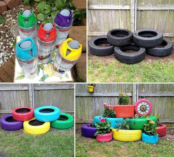 fabriquer une jardiniere dans pneu recyclé et repeint de peinture, amenagement petit jardin cour arriere