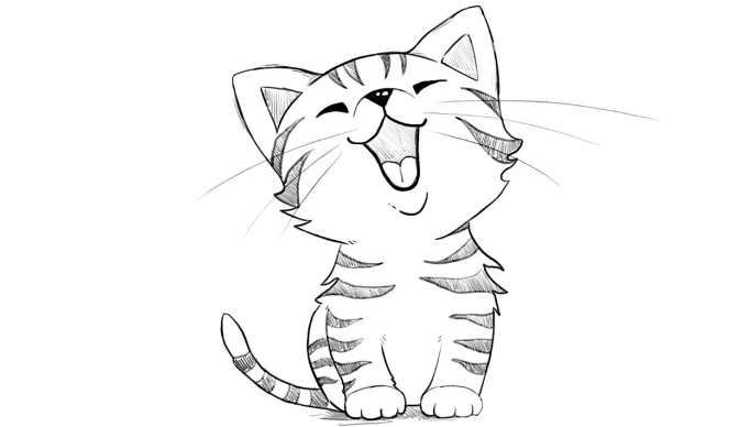 apprendre a dessiner un chat, exemple de dessin adorable d'un petit chat à fourrure tigre et bouche souriante aux moustaches longues