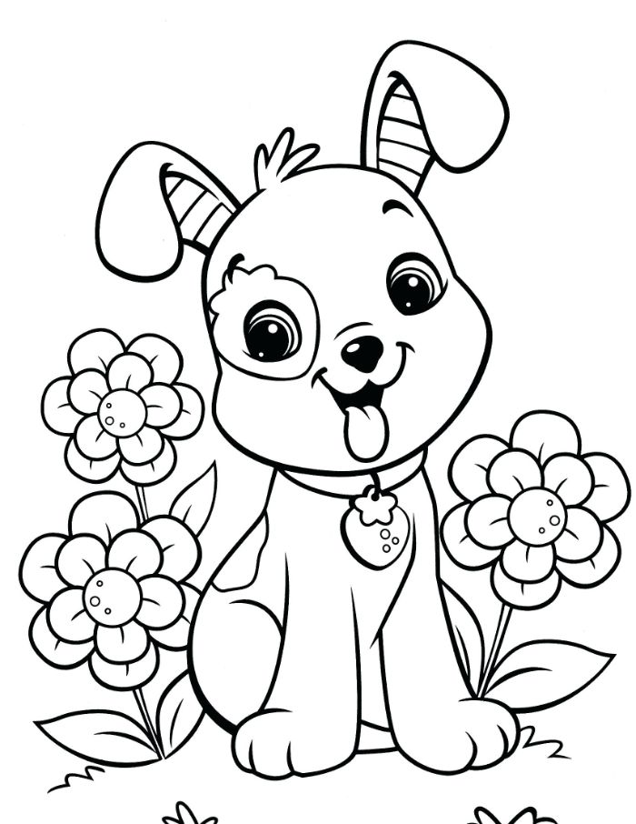 coloriage chien simple entoure de fleurs, idee dessin mignon à imprimer et colorier facilement