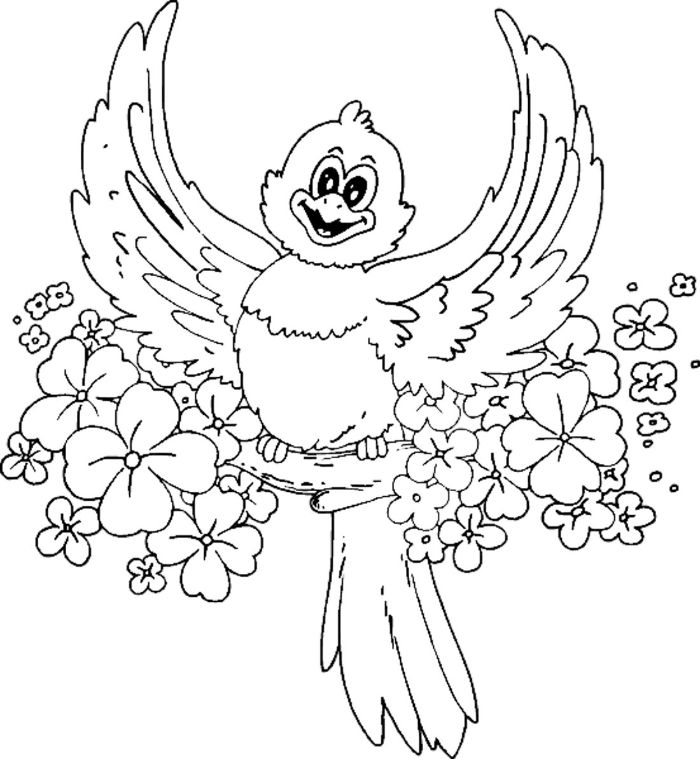dessin oiseau perché sur une branche fleurie de fleurs de tailles variées, idee coloriage printemps original pour petit