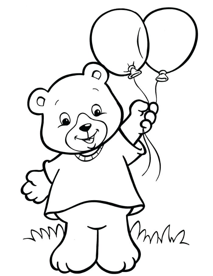 ourson avec des ballons dans la main sur un gazon, idee de coloriage de paques simple pout enfant