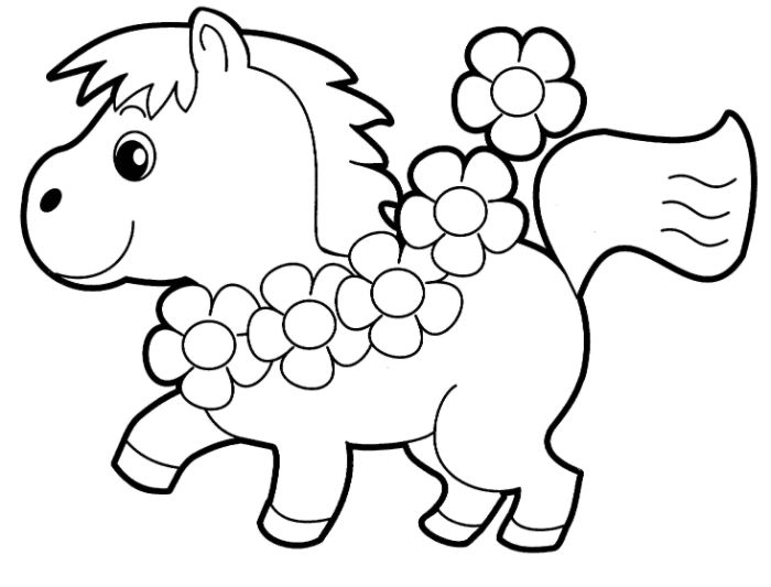 dessin poney avec collier de fleurs, guirlande fleurie, idee coloriage gratuit à imprimer