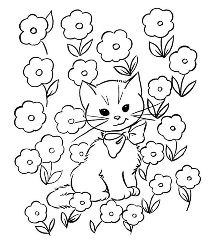 coloriage chaton mignon entouré de fleurs simples, coloriage printemps original et facile pour enfant maternelle