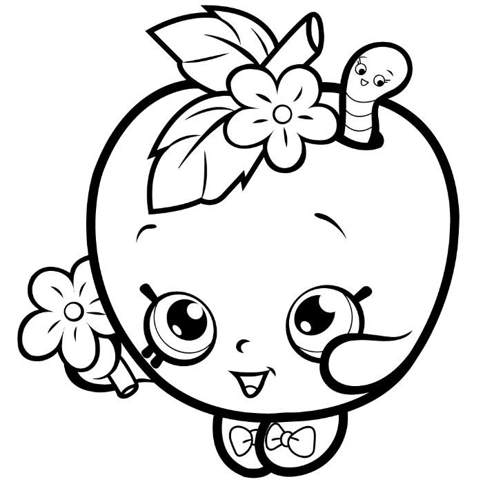 dessin kawaii de pomme à imprier pour colorier, kawaii pomme avec fleur dans la main et une chenille à l'intérieur
