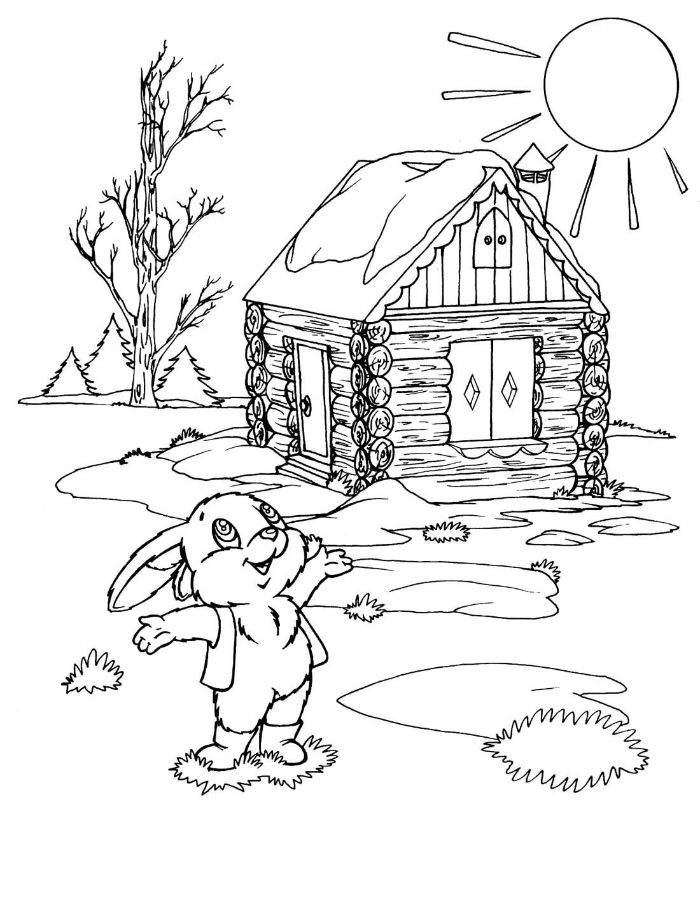 dessin paysage champetre, maison style chalet iniature, soleil et petit lapin, coloriage pour enfant