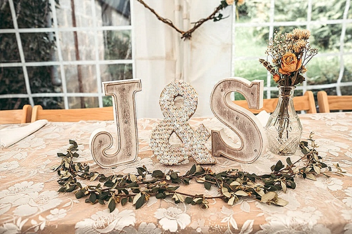J et S lettres rustique peinture deco mariage champetre, décoration de table pour mariage champêtre