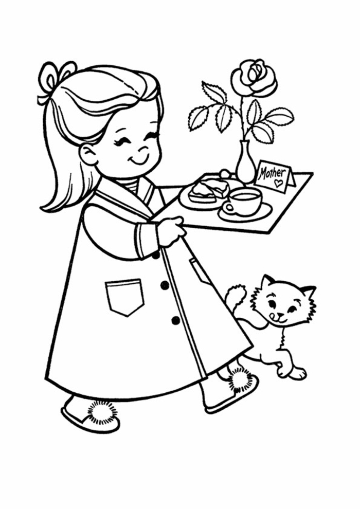 Fille qui porte petit dejeuner pour sa maman au lit dessin fête des mères, cadeau fête des mères à fabriquer simple dessin